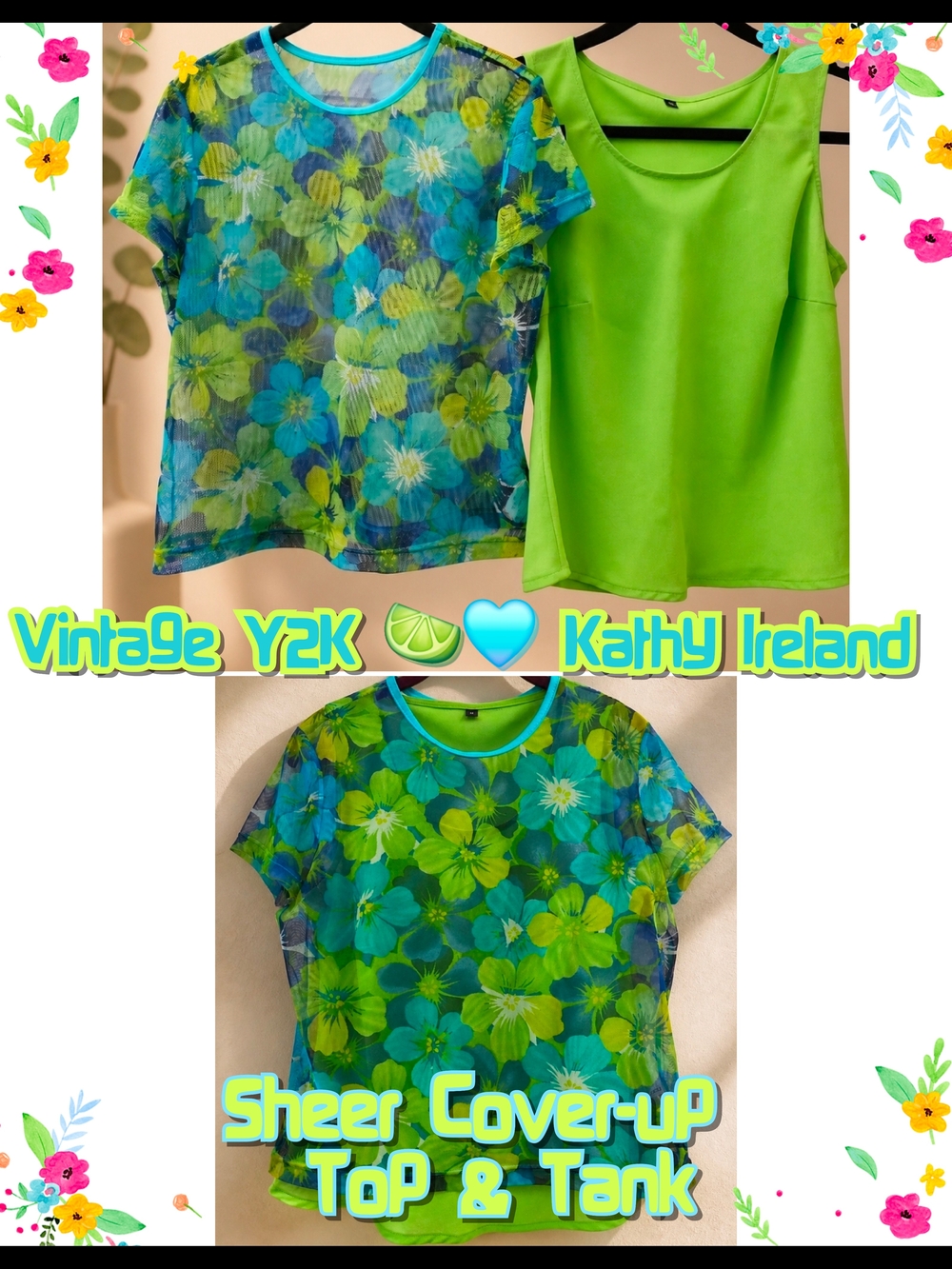 📣 Vintage Y2K Kathy Ireland 🍋🟩 Tank & Floral 🩵💙 Sheer Top / Coverup SZ Med